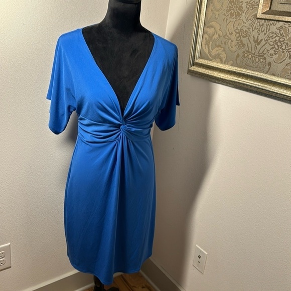 London Times blue twist front V cleavage short open short sleeves dress Sz 14 - Picture 1 of 5